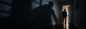 What About Fear? title over a dark hallway, with a person facing a lit doorway beneath a looming shadow.