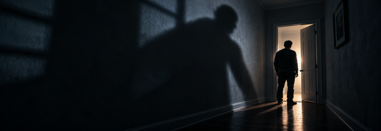 What About Fear? title over a dark hallway, with a person facing a lit doorway beneath a looming shadow.