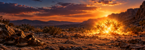 Desert holy ground scene with sandals and glowing fire